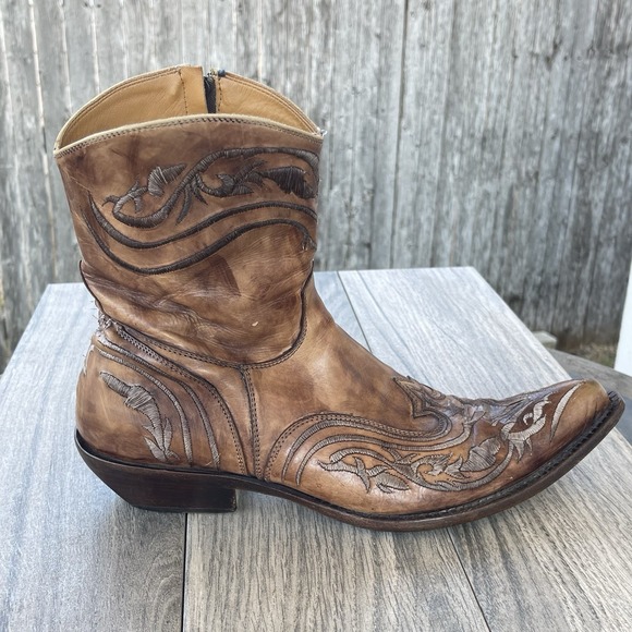 Damy Cowboy Ankle Boots Men 10/ 43 Brown Leather Embroidered Side Zip Italy Made - Picture 9 of 15